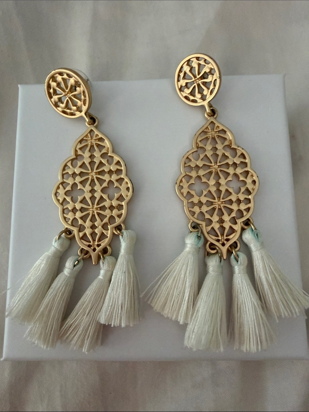 Gold Filigree Tassel Drop Earrings - White Tassels